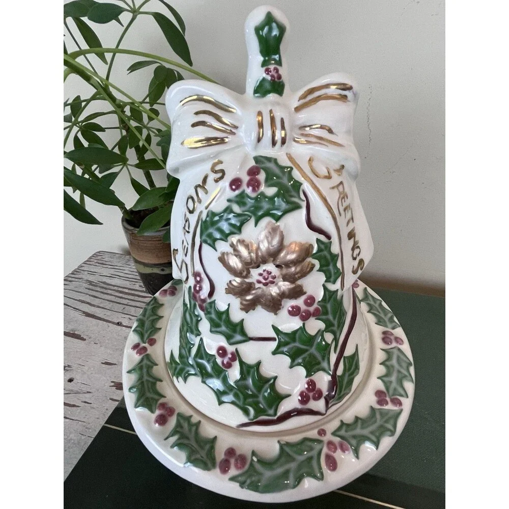 Vintage Hand Painted Christmas Ceramic White Bell Butter/Candy Dish Bow Holly